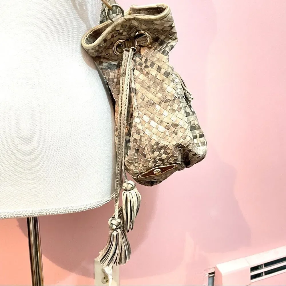 Elliott Lucca Snakeskin Embossed Leather Weave Bucket Hobo Shoulder Purse